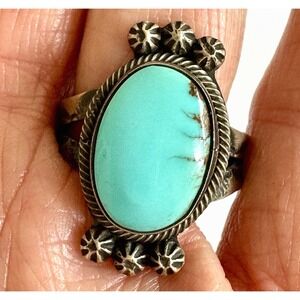 Navajo Turquoise Ring Sz 10 Signed Skeets Sterling Native American Stamped Band